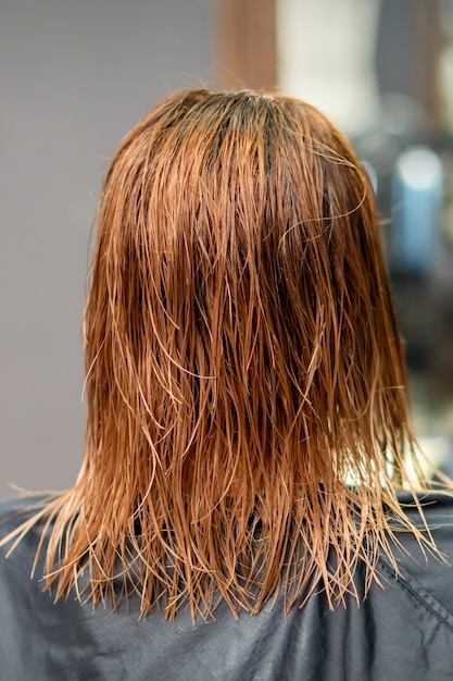 美容院で若い女性の美しい濡れた長い赤いストレートヘアの背面図