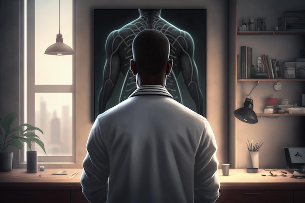 Back view of black doctor in medical office AI