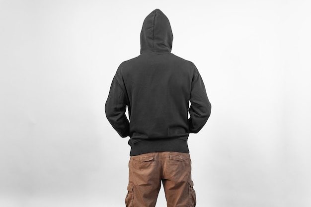 Back view of a black hoodie mockup for design print on white background