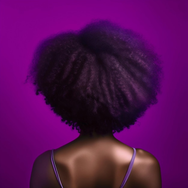紫色の背景に大きな巻き毛を持つ黒人女性の背面図