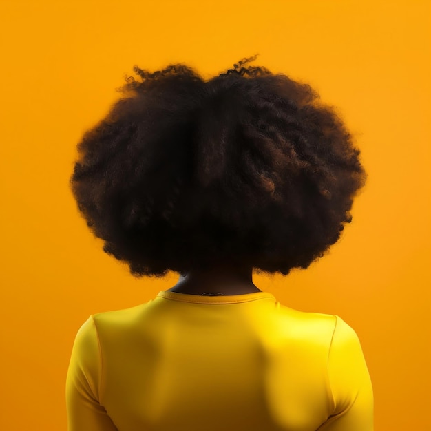 Back view of a black woman with a large curly hair over a yellow background