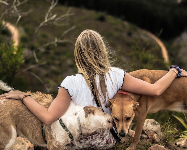 Punto di vista posteriore di una femmina bionda che abbraccia i suoi cani mentre si siede all'aperto