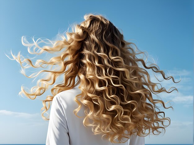 Foto vista posteriore bionda con capelli lunghi e ricci che scorrono