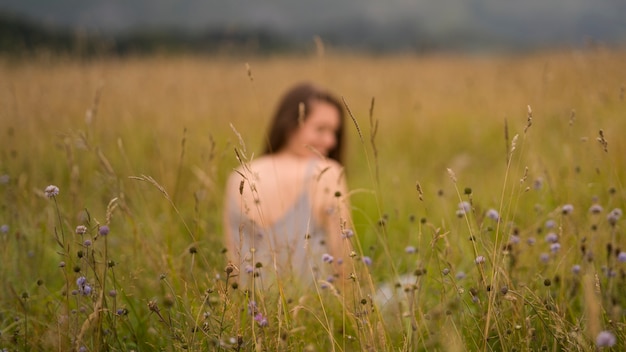 写真 草の上に座っている後ろ姿のぼやけた女性