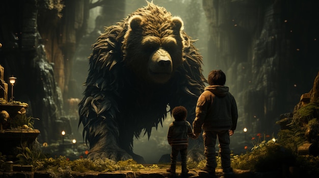 뒷모습 소년과 귀여운 곰이 푸른 숲을 걷고 있습니다. 생성 AI