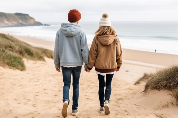 back view boy and girl taking a walk together on the beach