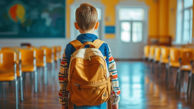 Задний вид мальчика, входящего в класс со своим рюкзаком Концепция "Возвращение в школу"