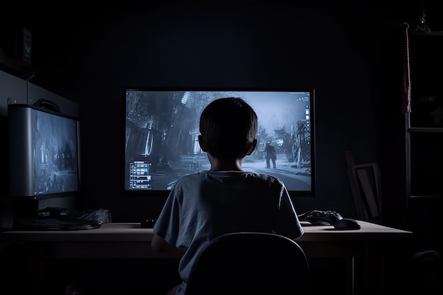 Задний вид мальчика, сидящего за своим столом и играющего в компьютерные игры в темной комнате.