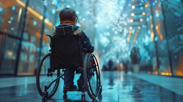 Back view of boy sitting on wheel chair outdoor with copy space concept of disability