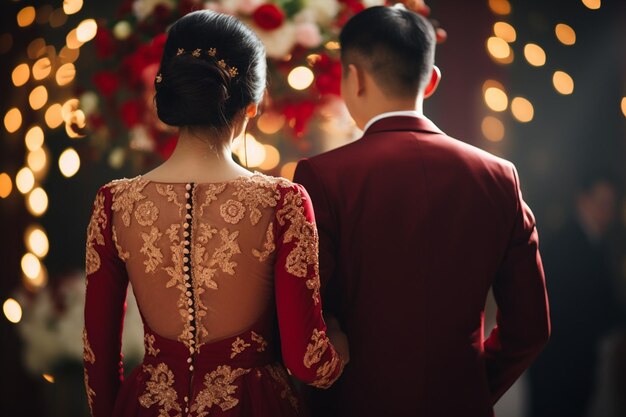 Back view of bride and groom in wedding suits at marriage ceremony generated by ai