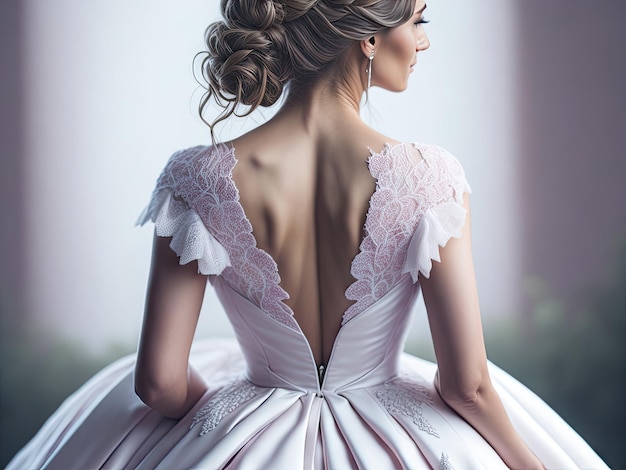 Back view of a bride in a puffy white wedding dress ai generative