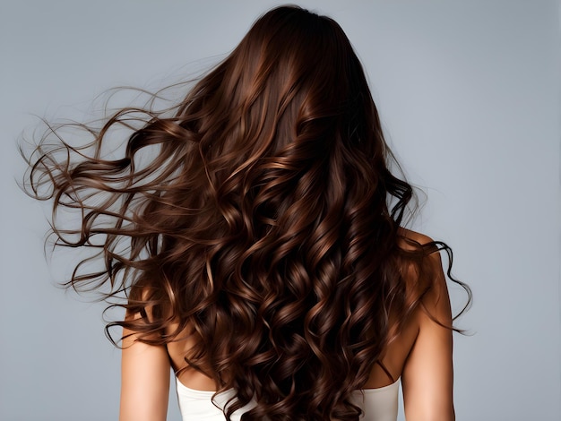 Photo back view brownhaired girl with long curly flowing hair