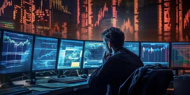 Back view of a businessman looking at charts in the stock market