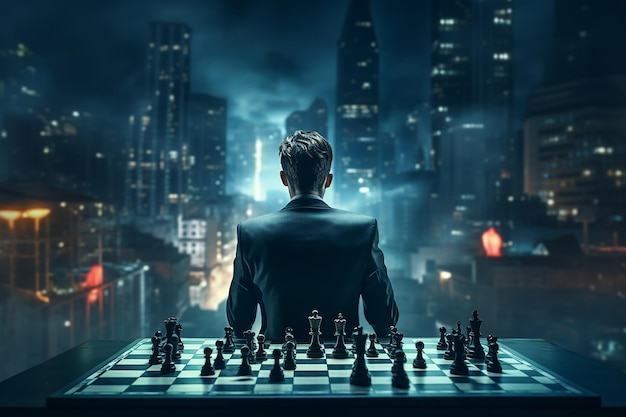 Back View of Businessman Looking at Cityscape with Chess Game on Table Generative AI