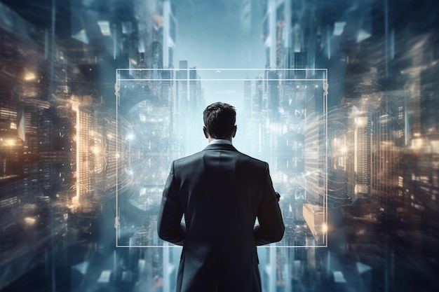 Back view of businessman looking at cityscape with double exposure of media interface