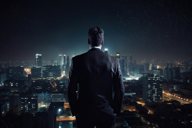 Back view of businessman looking at night cityscape and holding hands in pockets A businessman full rearview wearing a tailored suit and looking out towards a city skyline AI Generated