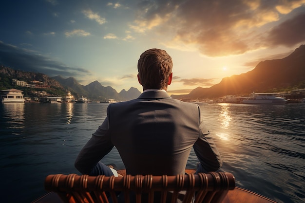 Back View of Businessman Sitting on Boat with Sea Landscape at Sunrise Generative AI