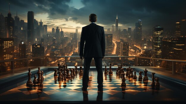 Back view businessman standing on chess board generative ai