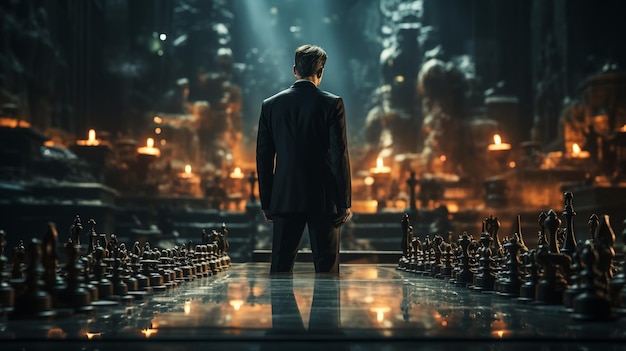 Back view Businessman standing on chess board Generative Ai