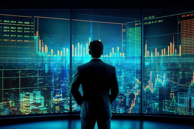 街並みの背景を持つ画面上のデータ グラフ レポートを見て立っているビジネスマンの背面図
