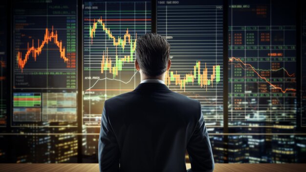 Back view of businessman in suit looking in to the charts and graphic trading AI generative