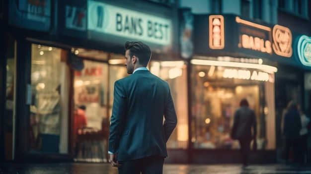 Back view of Businessman walking in center of city