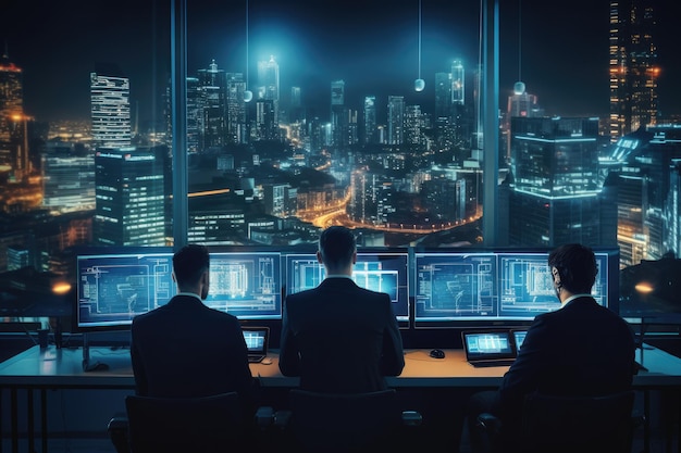 Back view of businesspeople working in office with night city at background Futuristic cyber security workspace and a team of modern businessmen working together AI Generated