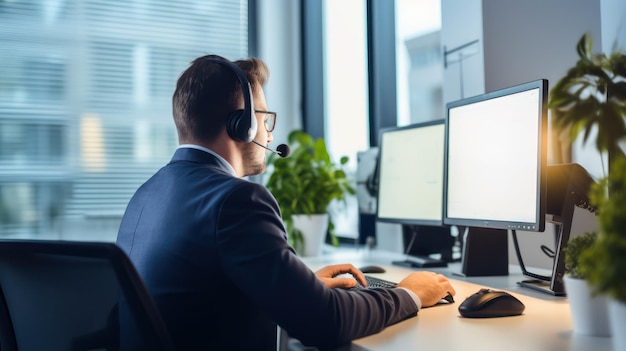 Back view of call center man working on computer