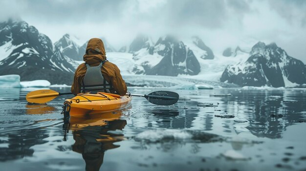 Back View of Canoeing Travelers amidst Greenlands Icy Landscape