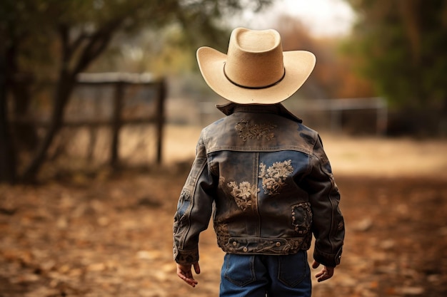 Back view capable cowboy boy Fashion little hat Generate Ai