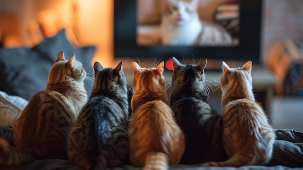 Back View of Cats Group of Cats Chatting Together in Online
        Meeting on Laptop Funny Video Call | Premium AI-generated image