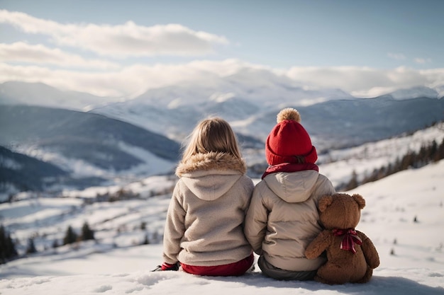 Back view child sits with toy teddy bear and looks at the winter snowy mountainswinter