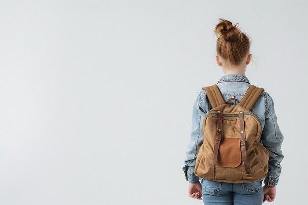 Foto vista posteriore di un bambino con la borsa scolastica su sfondo bianco