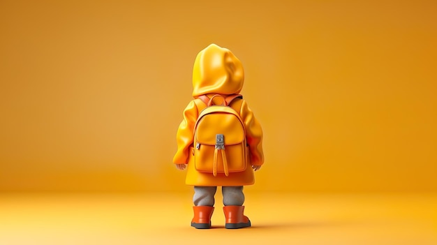 back view of a child in a yellow raincoat and yellow rubber boots playing outside in the rain