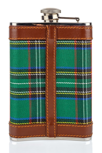 Back view of classical scotland pewter hip flask with leather and tartan trim isolated on white