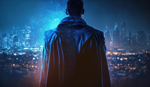 Back view of confident businessman in mask and cape looking at night city