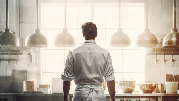 Back view of confident male chef standing in modern kitchen Generative AI