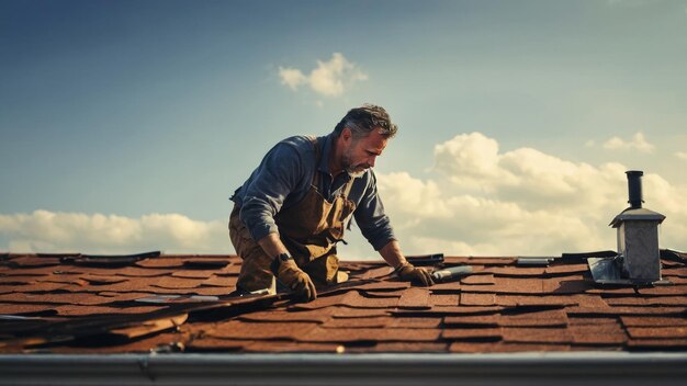 Задний вид строителя в защитной форме во время работы на крыше здания