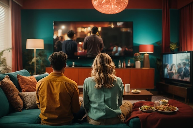 Back view of couple in living room watching a movie on the tv while eating takeaway food