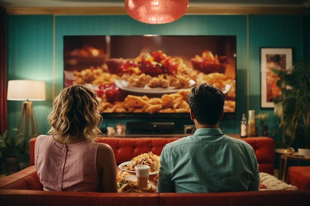 Back view of couple in living room watching a movie on the tv while eating takeaway food