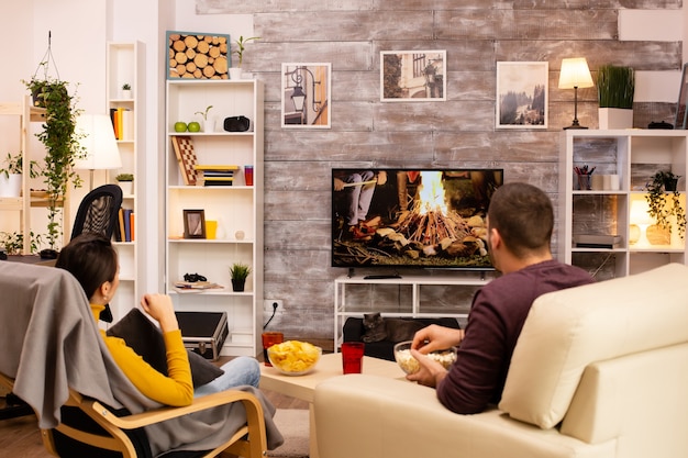 Back view of couple in living room watching a movie on the tv\
while eating takeaway food