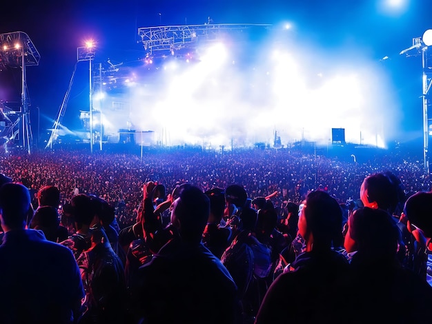 Back view of crowd of fans watching live performance on music concert at night copy space