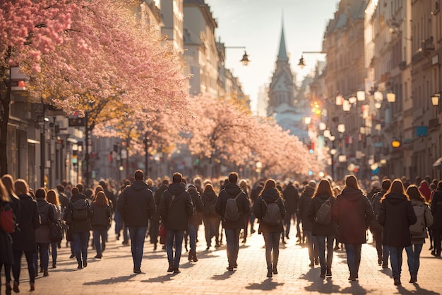 back view Crowded European City Street ai generative