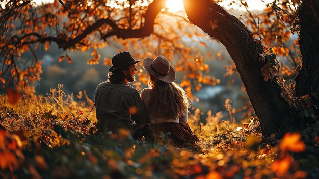 복사 공간 생성 AI를 사용하여 일몰 동안 산에 앉아 있는 귀여운 커플의 뒷모습