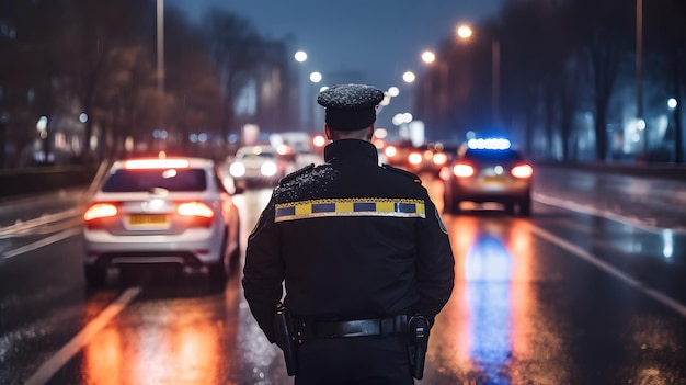 The back view of a diligent police officer busy regulating traffic on the road Generative AI