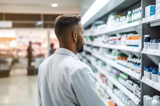 Back view of doctor checking for medicine at pharmacy