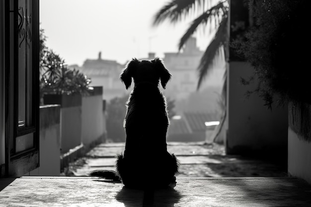 家の外で飼い主を待つ犬の後ろ姿