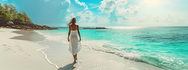 Photo back view of elegant woman in white dress and hat walking to tropical island in maldives