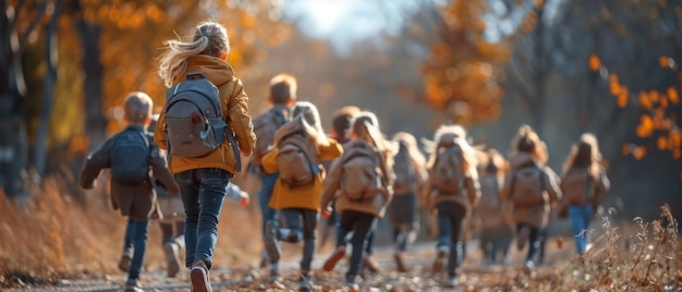 Back view of elementary school kids running at school