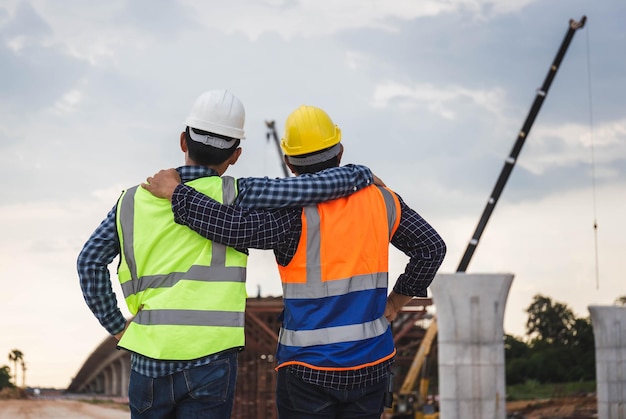 Back view of Engineer and foreman worker checking project at building site Engineer and builders in hardhats in infrastructure construction site Teamwork concepts